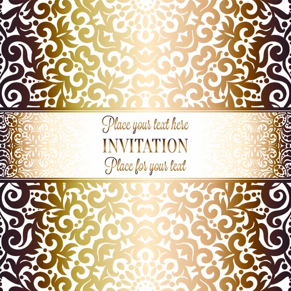 Gold Wedding Invitation Card Template Design Damask Pattern Background Tradition — Stock Vector