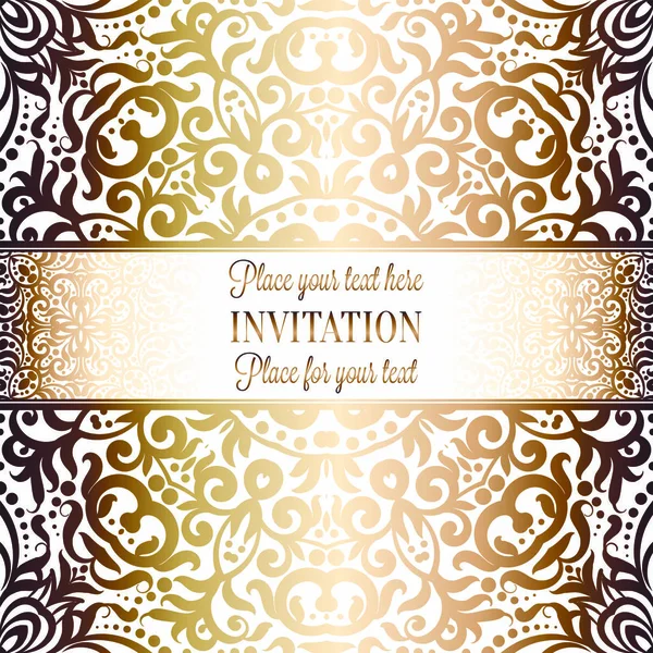 Gold Wedding Invitation Card Template Design Damask Pattern Background Традиционное — стоковый вектор