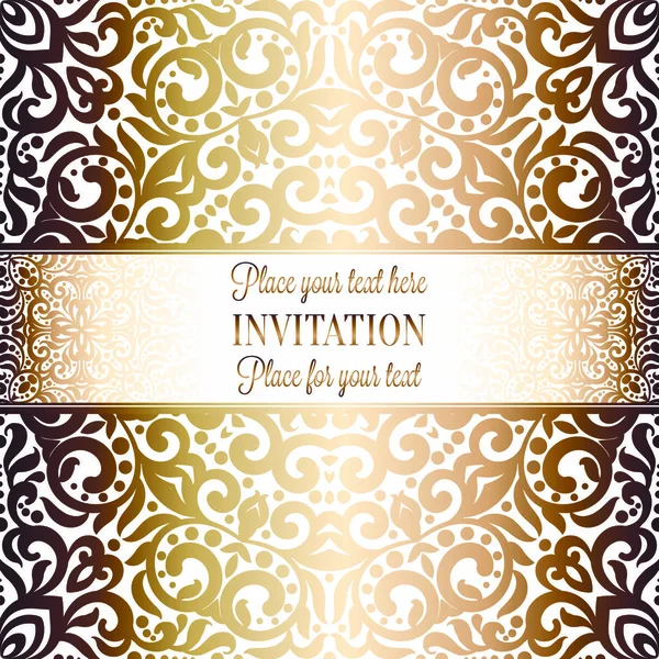 Gold Wedding Invitation Card Template Design Damask Pattern Background Традиционное — стоковый вектор
