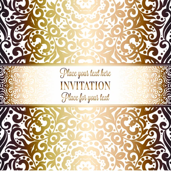 Gold Wedding Invitation Design Modello Carta Invito Con Motivo Damascato — Vettoriale Stock