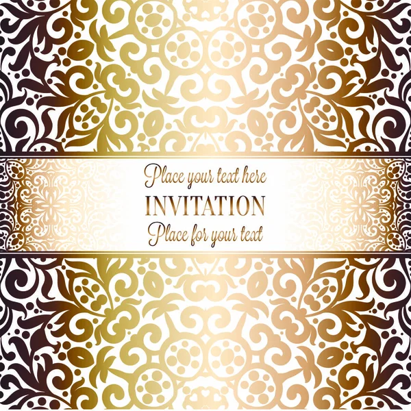 Gold Wedding Invitation Design Modello Carta Invito Con Motivo Damascato — Vettoriale Stock