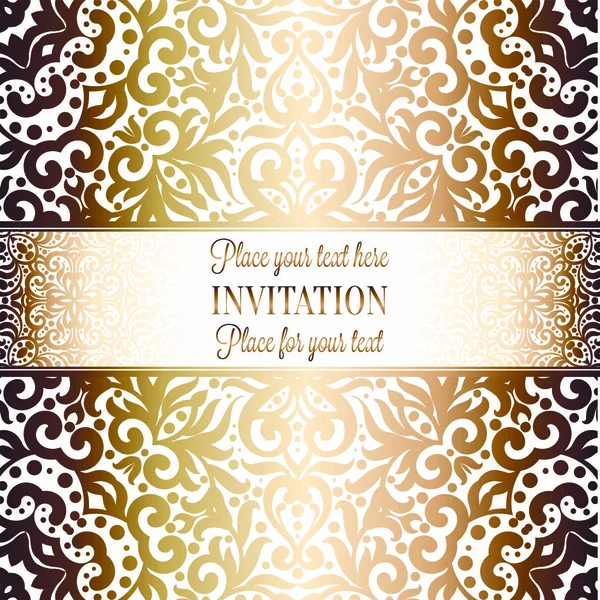 Gold Wedding Invitation Card Template Design Damask Pattern Background Традиционное — стоковый вектор