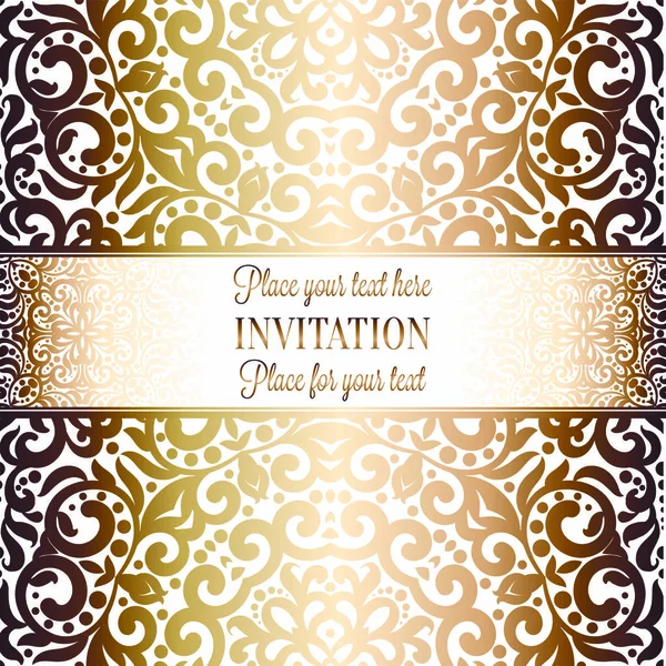 Gold Hochzeitseinladungskarte Vorlage Design Mit Damast Muster Auf Dem Hintergrund — Stockvektor