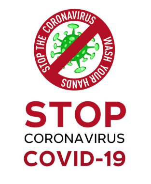 Çizgi film konsepti STOP Coronavirus logosu yeşil COVID-19 nCov 2019 virüsü. Ellerinizi metin ile yıkayarak beyaz arkaplanda izole edilmiş vektör illüstrasyonu.