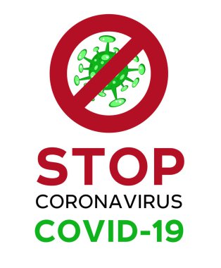 Çizgi film kavramı STOP Coronavirus logosu yeşil COVID-19 nCov 2019 virüs çizimi beyaz arkaplanda izole edildi.