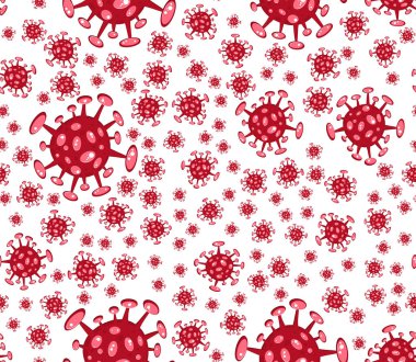 Beyazın üzerinde kusursuz desen var. Çizgi film konsepti Coronavirus COVID-19 nCov 2019 virüs temsili