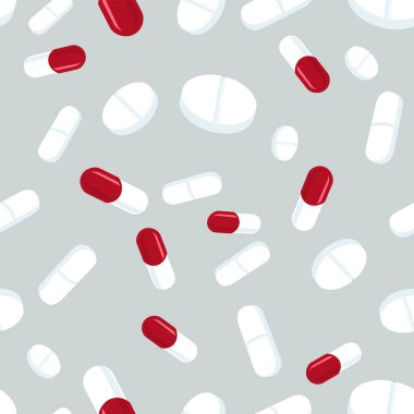Kırmızı ve beyaz haplar kusursuz. Tıbbi arka plan, soyut kapsüller ve tıbbi tabletler yassı vektör çizimi.