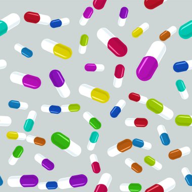 Renkli haplar, kusursuz desen. Tıbbi arkaplan, soyut kapsüller yassı vektör resimlemesi.