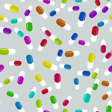 Renkli haplar, kusursuz desen. Tıbbi arkaplan, soyut kapsüller yassı vektör resimlemesi.