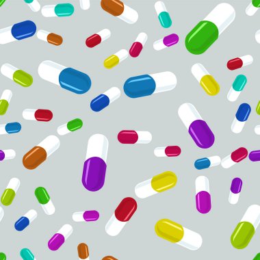 Renkli haplar, kusursuz desen. Tıbbi arkaplan, soyut kapsüller yassı vektör resimlemesi.