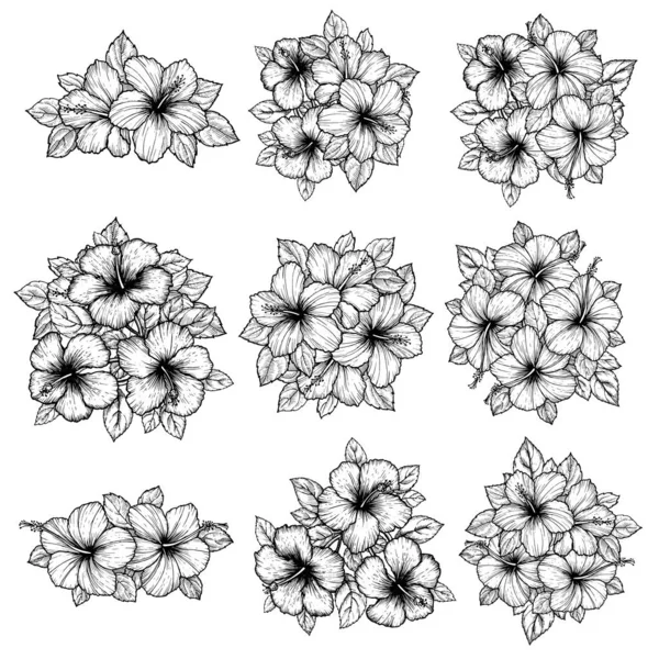 Kézzel Rajzolt Trópusi Hibiszkusz Virágcsokor Levelekkel Vázlatos Virágok Fehér Háttérrel — Stock Vector