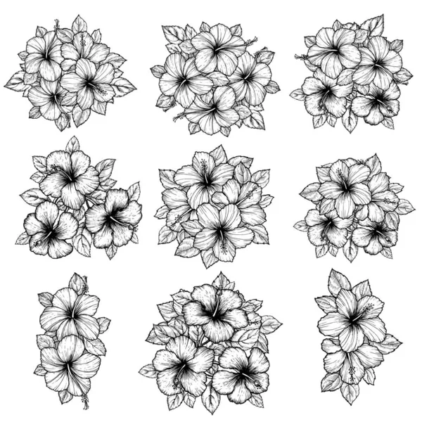 Χειροποίητο Μπουκέτο Λουλουδιών Από Ιβίσκο Φύλλα Σκίτσο Ανθοπωλεία Λευκό Φόντο — Διανυσματικό Αρχείο