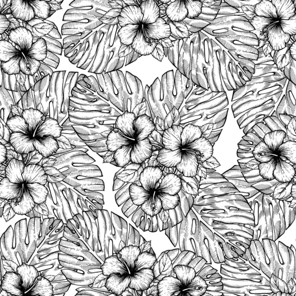 Ručně Kreslený Tropický Ibišek Bezešvé Květinové Vzory Palmovými Listy Bílém — Stockový vektor