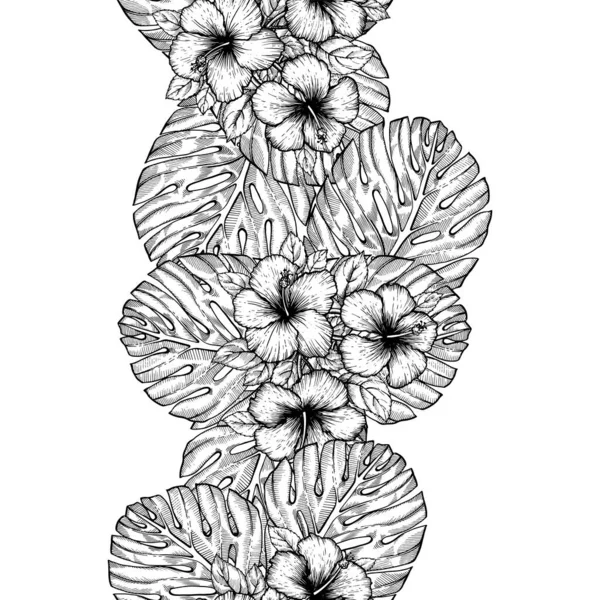 手で熱帯ハイビスカスの花を描いた 白い背景にヤシの葉を持つシームレスな花模様 テキスタイル 表面デザインやバナーのためのエキゾチックな彫刻壁紙 ぬり絵のための素晴らしいテンプレート — ストックベクタ
