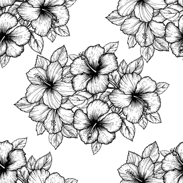 Hand Drawn Tropical Hibiscus Flower Seamless Floral Pattern Leaves White — Stock Vector