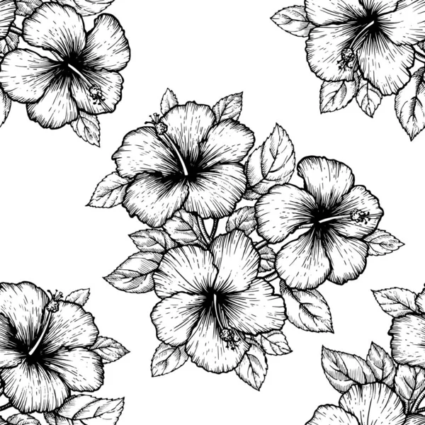 手で熱帯ハイビスカスの花を描いた 白い背景に葉を持つシームレスな花模様 テキスタイル 表面デザインやバナーのためのエキゾチックな彫刻壁紙 ぬり絵のための素晴らしいテンプレート ベクターグラフィックス