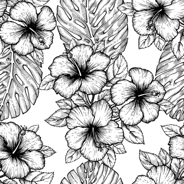 手で熱帯ハイビスカスの花を描いた 白い背景にヤシの葉を持つシームレスな花模様 テキスタイル 表面デザインやバナーのためのエキゾチックな彫刻壁紙 ぬり絵のための素晴らしいテンプレート ストックベクター
