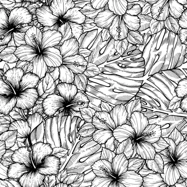 手で熱帯ハイビスカスの花を描いた 白い背景にヤシの葉を持つシームレスな花模様 テキスタイル 表面デザインやバナーのためのエキゾチックな彫刻壁紙 ぬり絵のための素晴らしいテンプレート ロイヤリティフリーのストックイラスト
