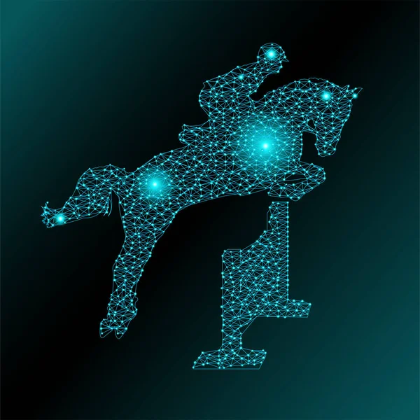 Abstract vector illustration of a jumping horse from polygonal mesh and glowing dots — ストックベクタ