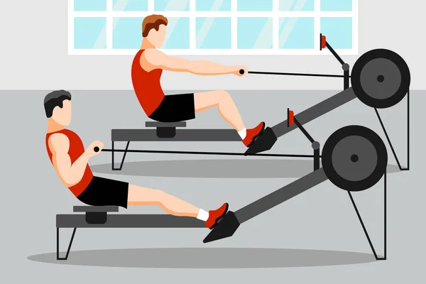 Sportler auf dem Rudergerät in der Turnhalle trainieren — Stockvektor