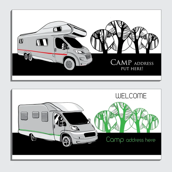 Εικονογράφηση από αυτοκίνητα οχήματα αναψυχής Camper φορτηγά τροχόσπιτα — Διανυσματικό Αρχείο