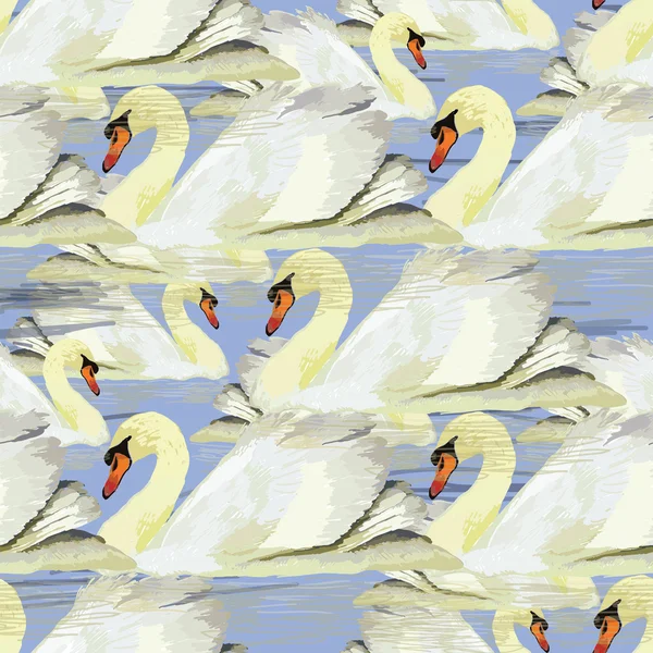 Ilustración de patrón sin costuras con cisne blanco sobre fondo azul — Vector de stock