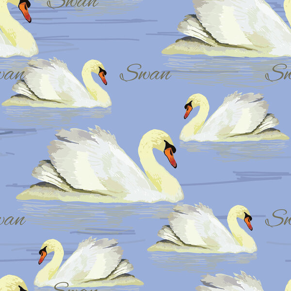 seamless pattern with white swan on blue background, water. Wate