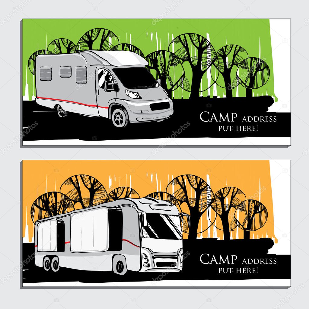 Vector illustration of cars Recreational Vehicles Camper Vans Caravans business card, icon, card template. Transport for Camp.