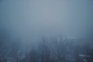 Sabahları şehirde yoğun mavi bir sis var.