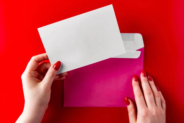 Congratulatory Envelope Hands Young Woman Red Background Valentine Day Letter — Stock Photo, Image
