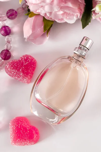 Bottle Perfume Flowers Hearts Light Background Holiday Gift Red Marmalade — Stockfoto