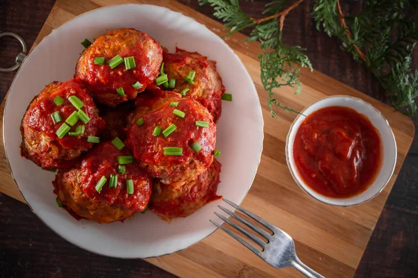 Meat Balls Tomato Sauce Herbs Appetizing Meat Balls Eco Products — Stock Photo, Image