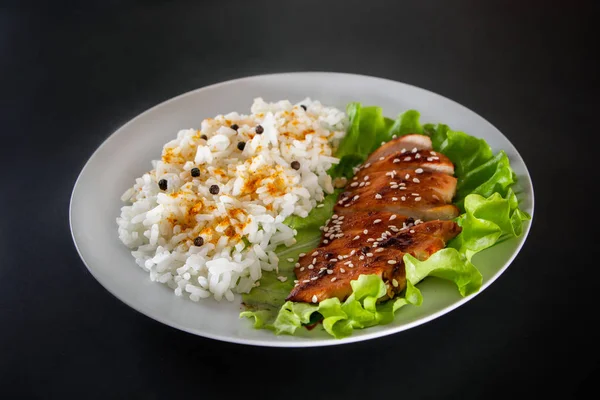 Homemade Food Teriyaki Chicken White Rice Pepper Black Background — Stock Photo, Image