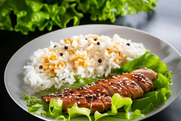 Homemade Food Teriyaki Chicken White Rice Pepper Black Background — Stock Photo, Image