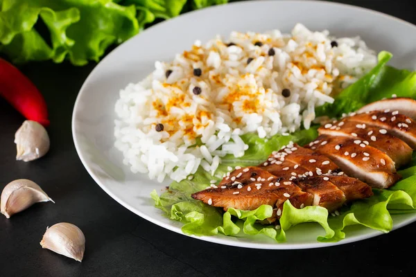 Homemade Food Teriyaki Chicken White Rice Pepper Black Background — Stock Photo, Image
