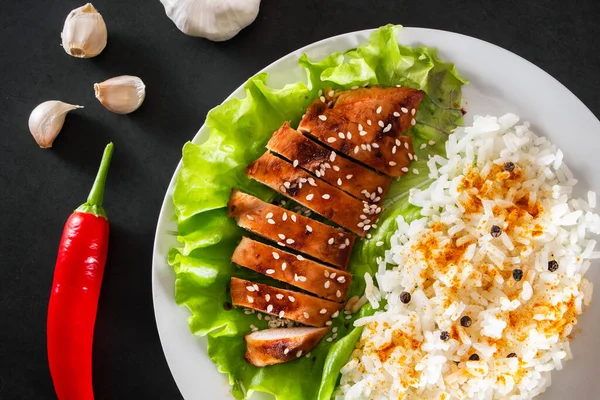 Homemade Food Teriyaki Chicken White Rice Pepper Black Background — Stock Photo, Image