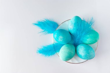 Açık arkaplanda mavi paskalya yumurtası ve tüylerinin bileşimi. Beyaz arka planda mavi paskalya yumurtası ve kuş tüyü boyanmış. Metnin için yer.