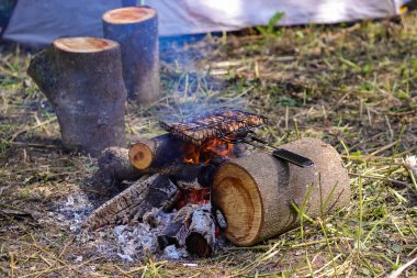 Dışarıda kamp yapmak, çadırlar ve yemek pişirmek. Doğada kamp yapmak - yakın planda ızgara et pişirmek.