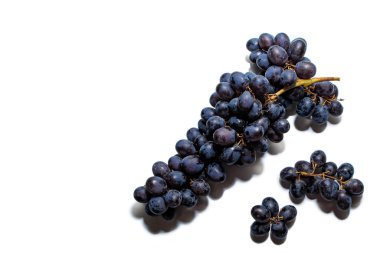 Beyaz arka planda izole edilmiş bir sürü koyu üzüm. Olgun, koyu üzümlü yakın plan beyaz arka planda izole edilmiş. Metin için yer.