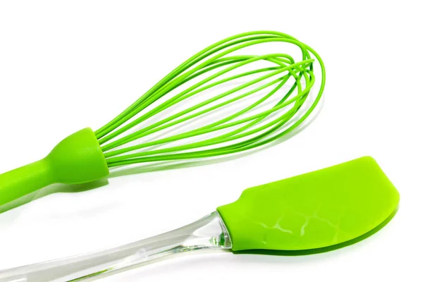 Conjunto Espátula Culinária Silicone Verde Batedor Isolado Fundo Branco — Fotografia de Stock