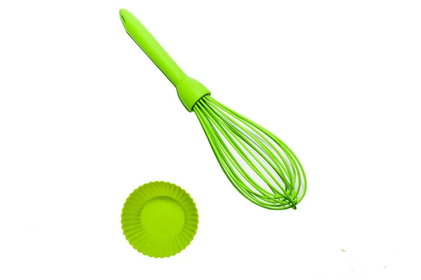 Set Green Silicone Cooking Utensils Isolated White Background — Stock Photo, Image