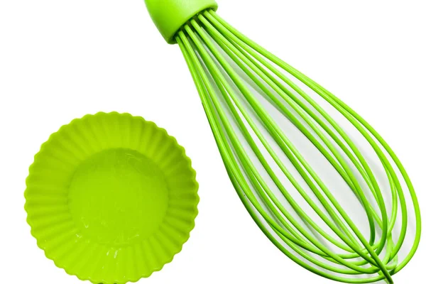 Beyaz Arkaplanda Izole Edilmiş Yeşil Silikon Pişirme Aletleri — Stok fotoğraf