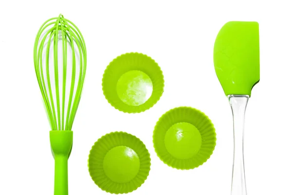 Set Green Silicone Cooking Utensils Isolated White Background — Stock Photo, Image