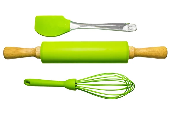 Set Green Silicone Cooking Utensils Isolated White Background — Stock Photo, Image