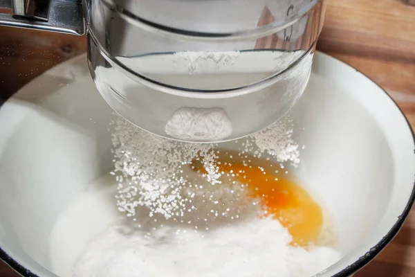 Process Kneading Dough Home Baking Concept Cook Sprinkles Flour — Stock Photo, Image