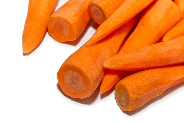 Muchas Zanahorias Peladas Cierran Sobre Fondo Blanco Verduras Para Una — Foto de Stock