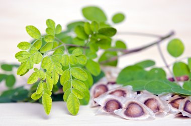 Moringa yaprak ve Moringa tohum ahşap tahta arka plan üzerinde