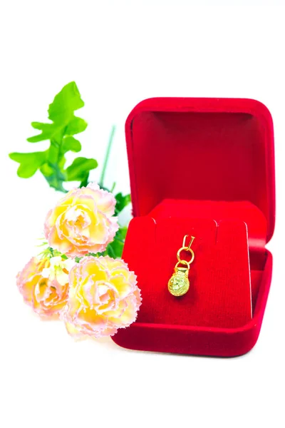 Ciondolo oro cammeo orecchino gioielli con fiori isolati su whit — Foto Stock