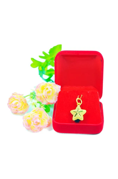 Gouden hanger cameo earring sieraden met bloemen geïsoleerd op whit — Stockfoto