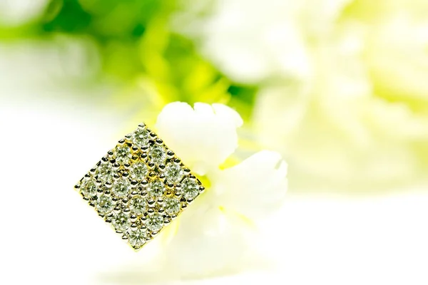 分離された花とゴールド ペンダント カメオ イヤリング ダイヤモンドジュ エリー — ストック写真